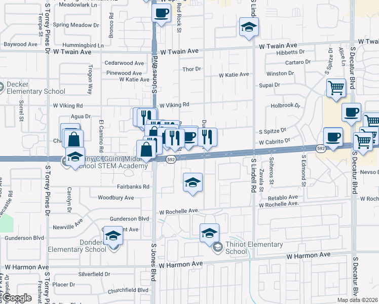 map of restaurants, bars, coffee shops, grocery stores, and more near 5900 West Flamingo Road in Las Vegas
