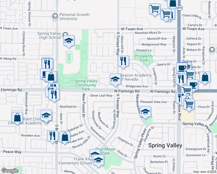 map of restaurants, bars, coffee shops, grocery stores, and more near 7400 West Flamingo Road in Las Vegas