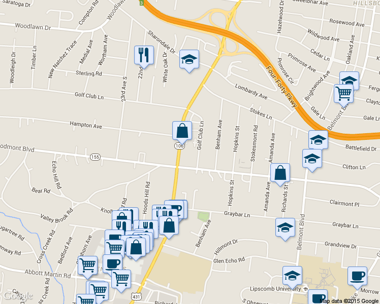 map of restaurants, bars, coffee shops, grocery stores, and more near 3447 Golf Club Lane in Nashville