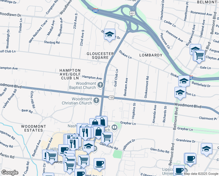 map of restaurants, bars, coffee shops, grocery stores, and more near 3447 Golf Club Lane in Nashville