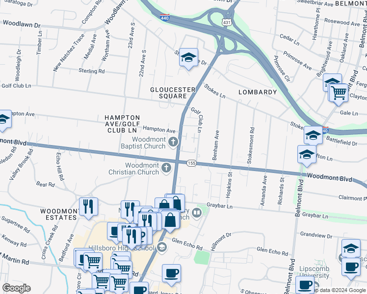 map of restaurants, bars, coffee shops, grocery stores, and more near 2101 Hampton Avenue in Nashville