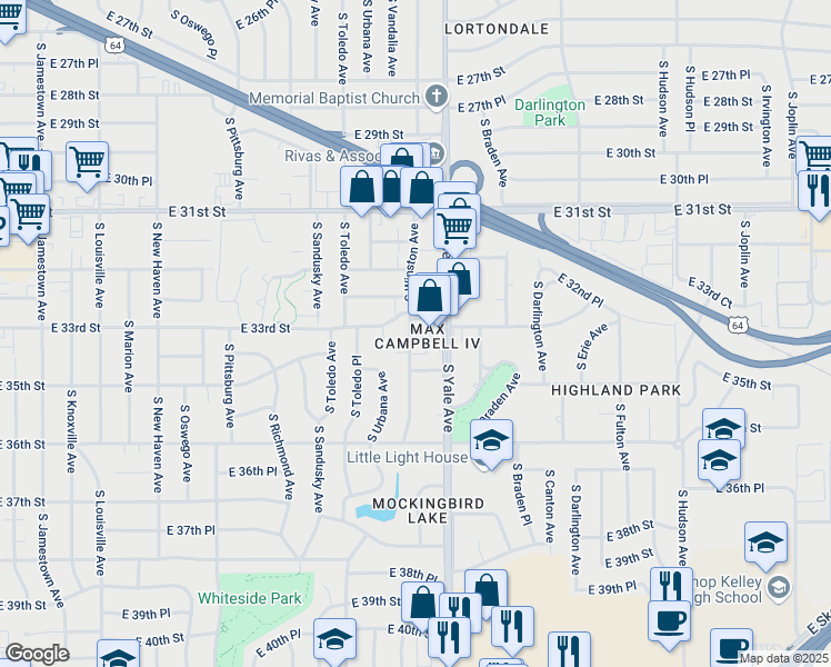 map of restaurants, bars, coffee shops, grocery stores, and more near 4812 East 33rd Street in Tulsa