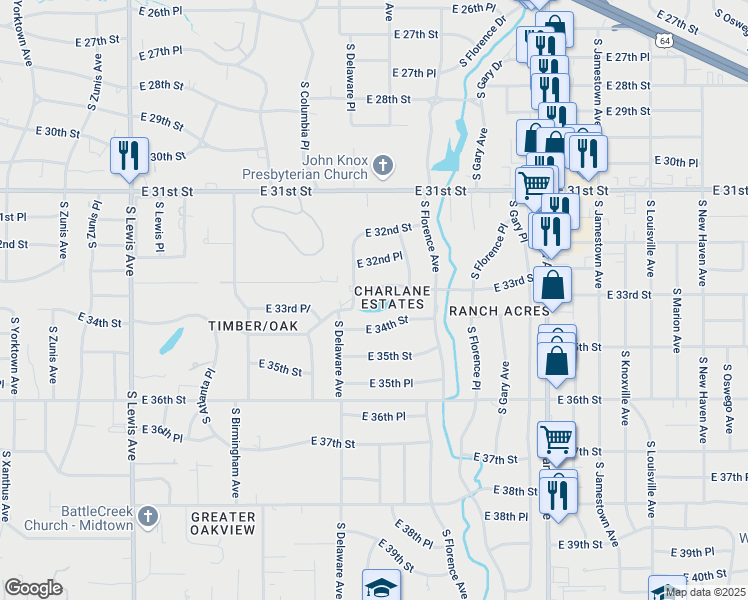 map of restaurants, bars, coffee shops, grocery stores, and more near 2843 East 33rd Street in Tulsa