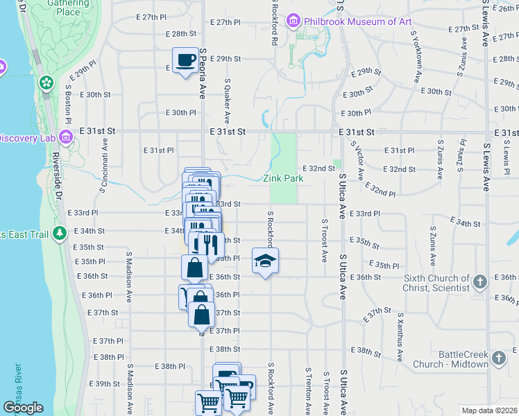 map of restaurants, bars, coffee shops, grocery stores, and more near 1445 East 33rd Street in Tulsa