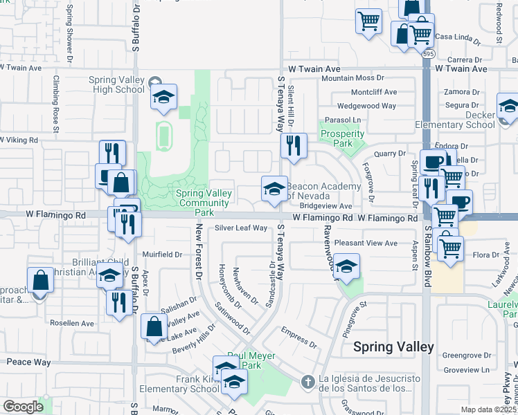 map of restaurants, bars, coffee shops, grocery stores, and more near 7400 West Flamingo Road in Las Vegas