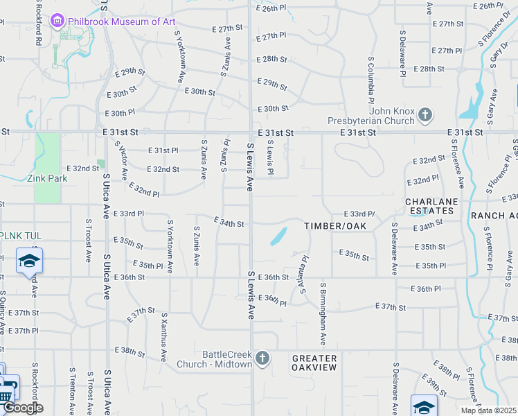 map of restaurants, bars, coffee shops, grocery stores, and more near 3315 South Lewis Avenue in Tulsa