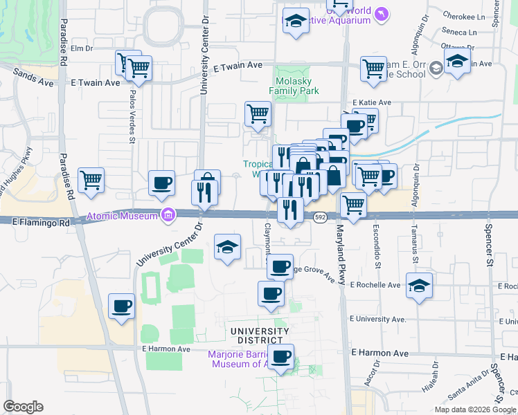 map of restaurants, bars, coffee shops, grocery stores, and more near 968 East Flamingo Road in Las Vegas