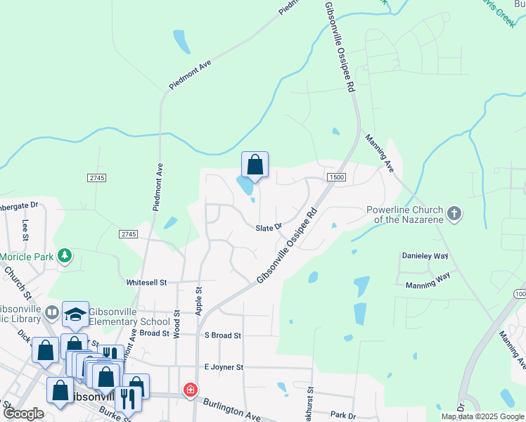 map of restaurants, bars, coffee shops, grocery stores, and more near 110 Claystone Drive in Gibsonville