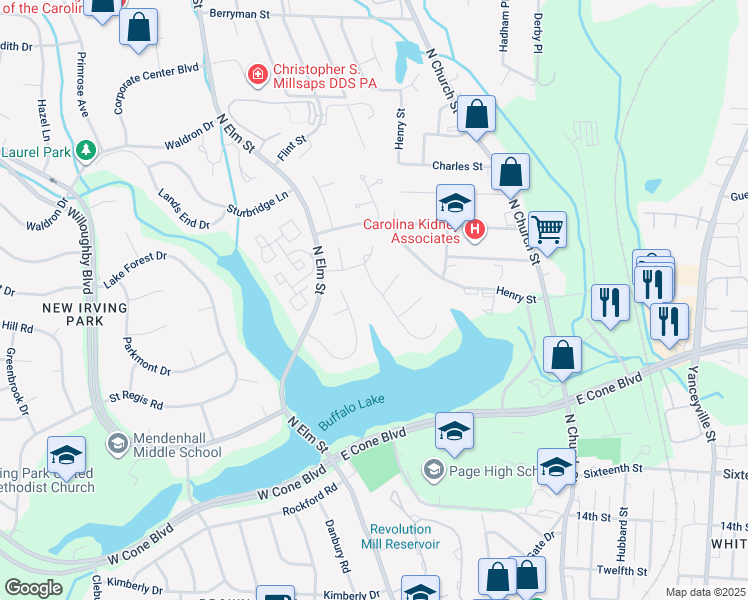 map of restaurants, bars, coffee shops, grocery stores, and more near 8 Loch Ridge Drive in Greensboro