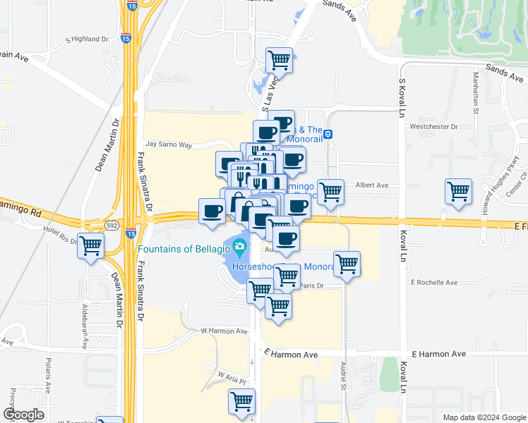map of restaurants, bars, coffee shops, grocery stores, and more near 3595 South Las Vegas Boulevard in Las Vegas