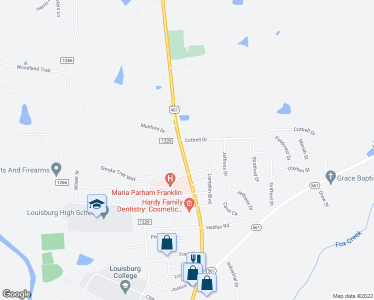 map of restaurants, bars, coffee shops, grocery stores, and more near 1506 North Bickett Boulevard in Louisburg