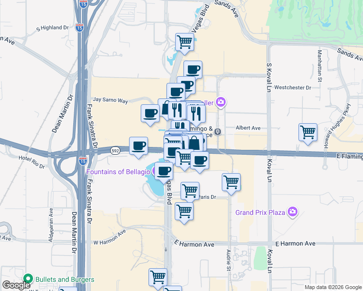map of restaurants, bars, coffee shops, grocery stores, and more near 3595 South Las Vegas Boulevard in Las Vegas