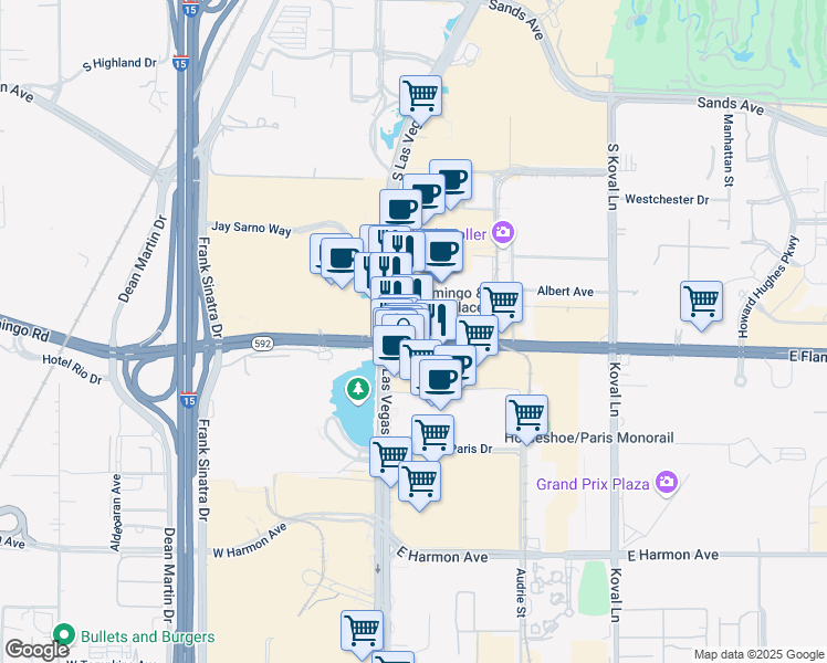 map of restaurants, bars, coffee shops, grocery stores, and more near 3595 South Las Vegas Boulevard in Las Vegas