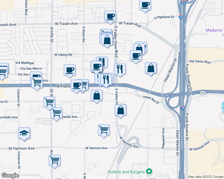 map of restaurants, bars, coffee shops, grocery stores, and more near 3821 West Flamingo Road in Las Vegas