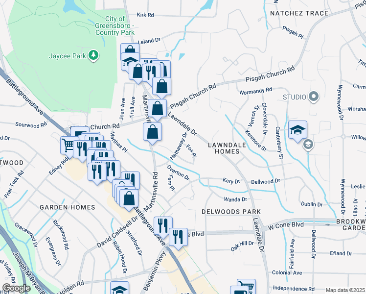 map of restaurants, bars, coffee shops, grocery stores, and more near 3509 Fox Place in Greensboro