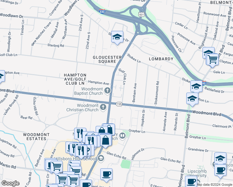 map of restaurants, bars, coffee shops, grocery stores, and more near 3342 Hillsboro Pike in Nashville