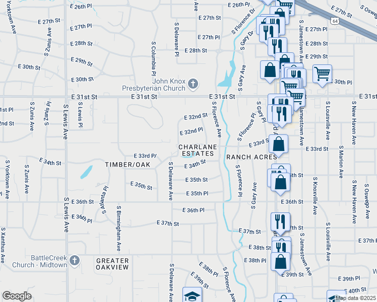map of restaurants, bars, coffee shops, grocery stores, and more near 2843 East 33rd Street in Tulsa