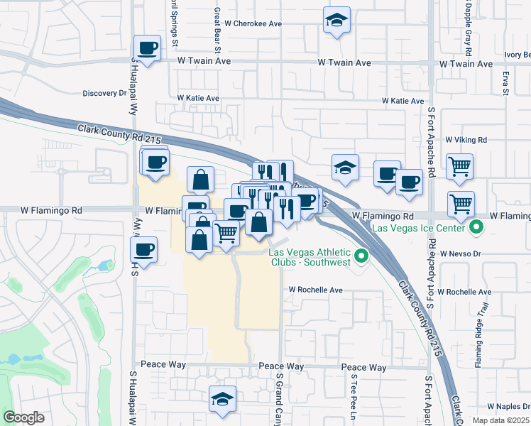 map of restaurants, bars, coffee shops, grocery stores, and more near W Flamingo Rd & S Grand Canyon Dr in Spring Valley
