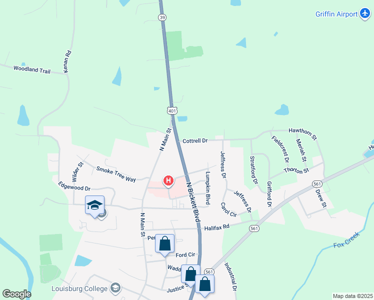 map of restaurants, bars, coffee shops, grocery stores, and more near 1506 North Bickett Boulevard in Louisburg