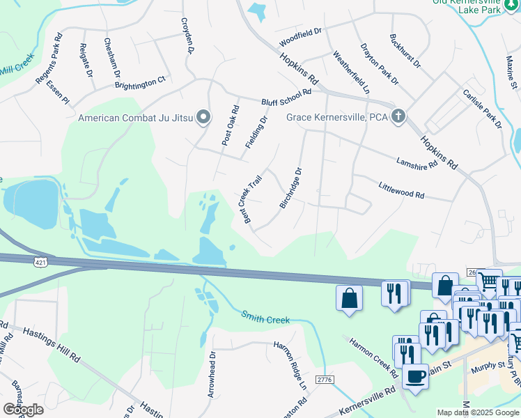 map of restaurants, bars, coffee shops, grocery stores, and more near 108 Duffield Court in Kernersville