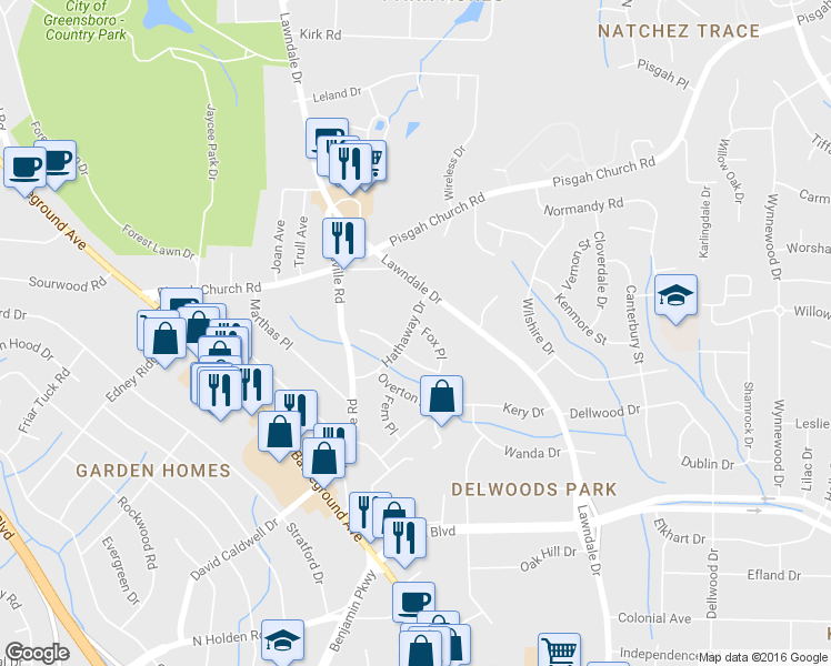 map of restaurants, bars, coffee shops, grocery stores, and more near 3509 Fox Place in Greensboro