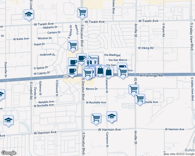 map of restaurants, bars, coffee shops, grocery stores, and more near 4740 West Flamingo Road in Las Vegas