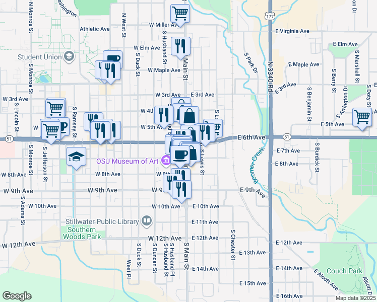 map of restaurants, bars, coffee shops, grocery stores, and more near in Stillwater
