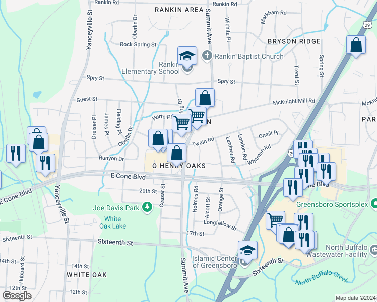 map of restaurants, bars, coffee shops, grocery stores, and more near 3104 Summit Avenue in Greensboro