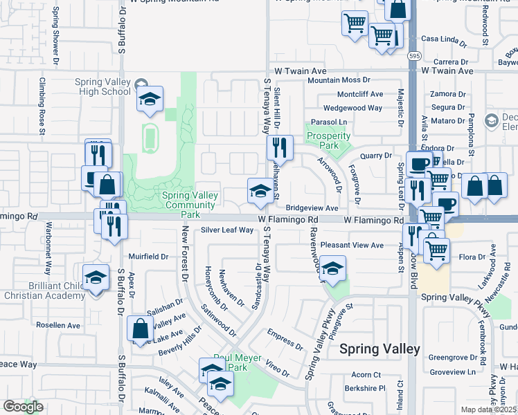 map of restaurants, bars, coffee shops, grocery stores, and more near 7360 West Flamingo Road in Las Vegas