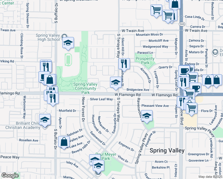 map of restaurants, bars, coffee shops, grocery stores, and more near 7360 West Flamingo Road in Las Vegas