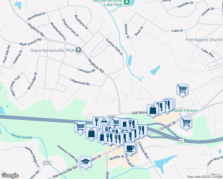 map of restaurants, bars, coffee shops, grocery stores, and more near 250 Hopkins Road in Kernersville