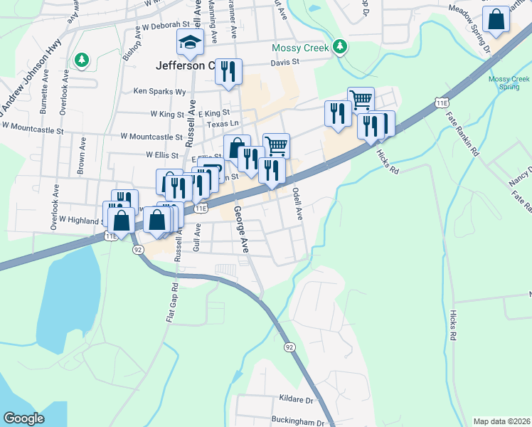 map of restaurants, bars, coffee shops, grocery stores, and more near 611 East Elmwood Street in Jefferson City