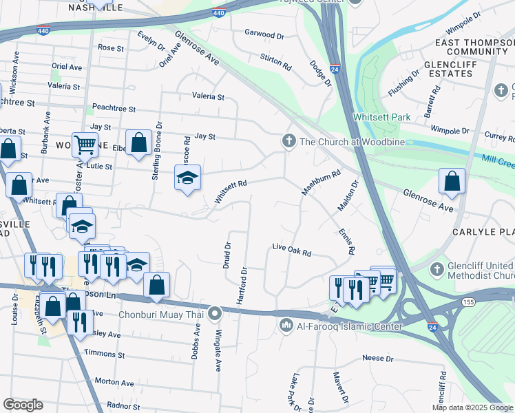 map of restaurants, bars, coffee shops, grocery stores, and more near 2696 Hartford Drive in Nashville