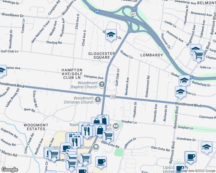 map of restaurants, bars, coffee shops, grocery stores, and more near 2101 Hampton Avenue in Nashville