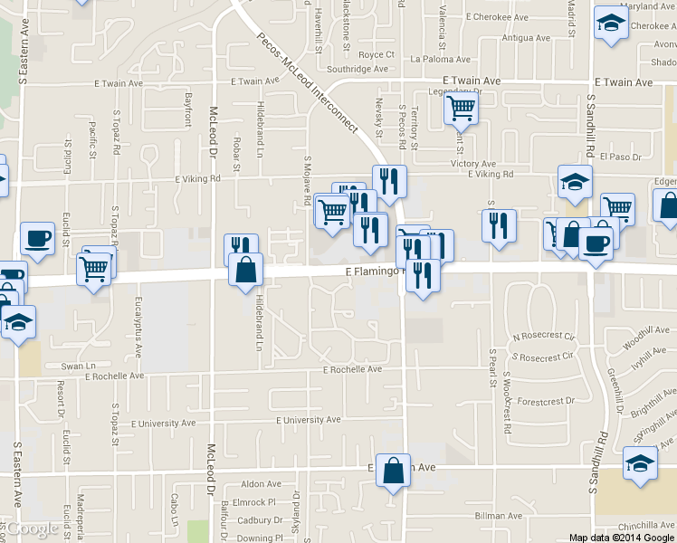 map of restaurants, bars, coffee shops, grocery stores, and more near 3280 East Flamingo Road in Las Vegas