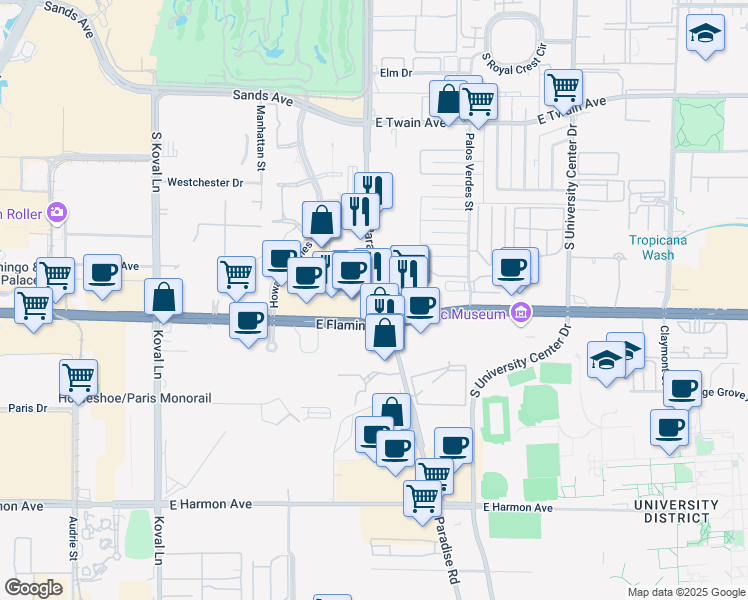 map of restaurants, bars, coffee shops, grocery stores, and more near 375 Hughes Center Drive in Las Vegas