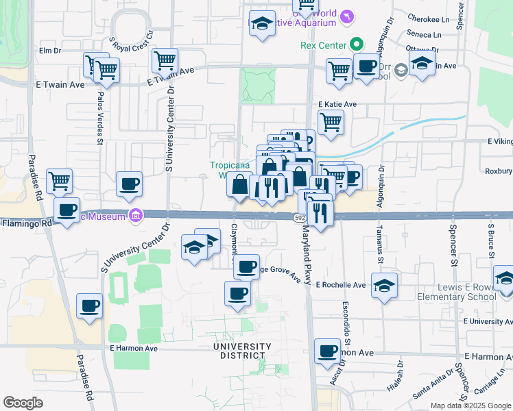 map of restaurants, bars, coffee shops, grocery stores, and more near 1030 East Flamingo Road in Las Vegas