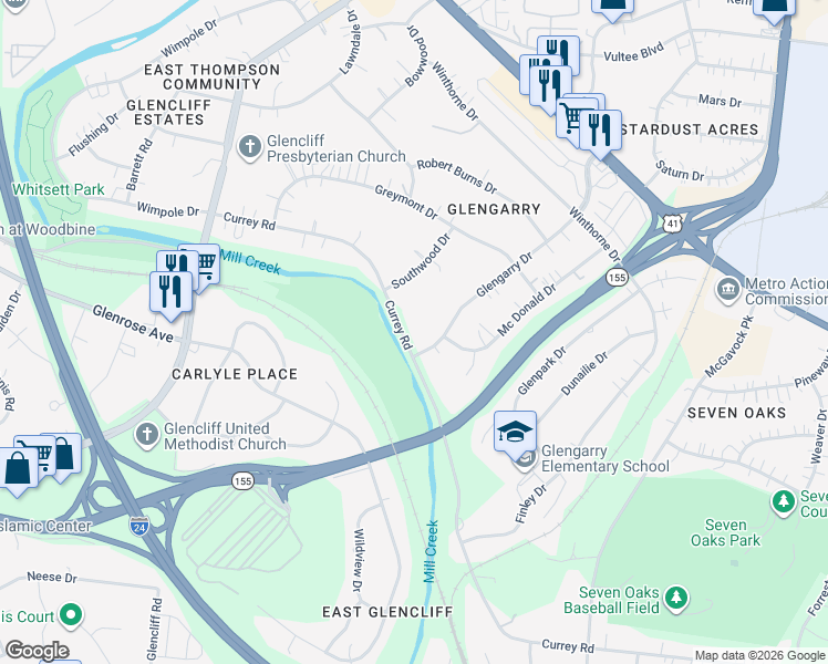 map of restaurants, bars, coffee shops, grocery stores, and more near 740 Currey Road in Nashville