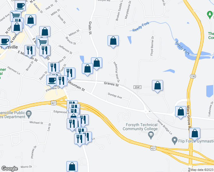 map of restaurants, bars, coffee shops, grocery stores, and more near 738 Graves Street in Kernersville