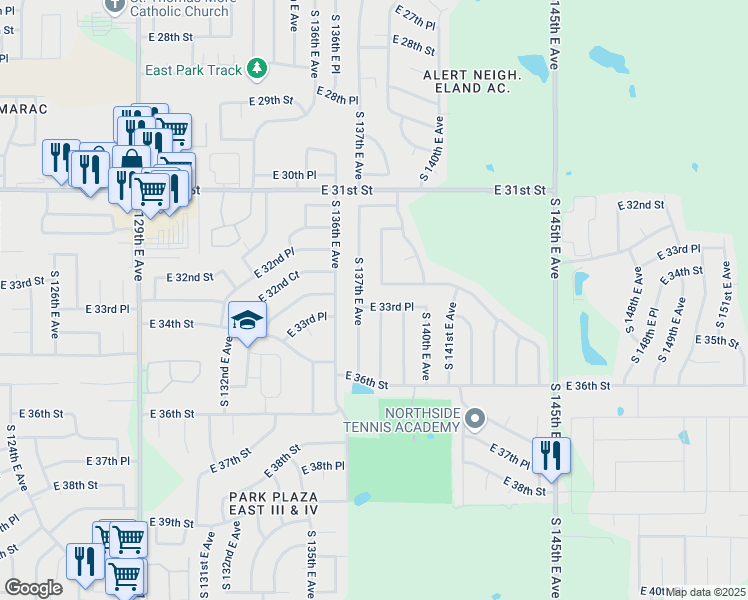 map of restaurants, bars, coffee shops, grocery stores, and more near 13804 East 33rd Street in Tulsa
