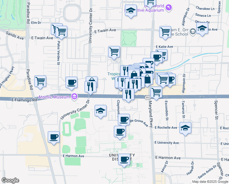 map of restaurants, bars, coffee shops, grocery stores, and more near 968 East Flamingo Road in Las Vegas