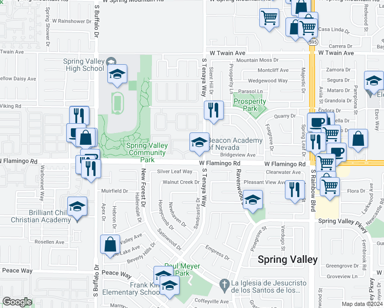 map of restaurants, bars, coffee shops, grocery stores, and more near 7360 West Flamingo Road in Las Vegas