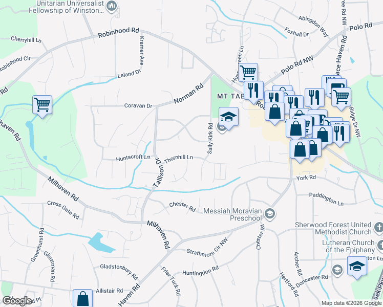 map of restaurants, bars, coffee shops, grocery stores, and more near 3501 Woodmere Place in Winston-Salem