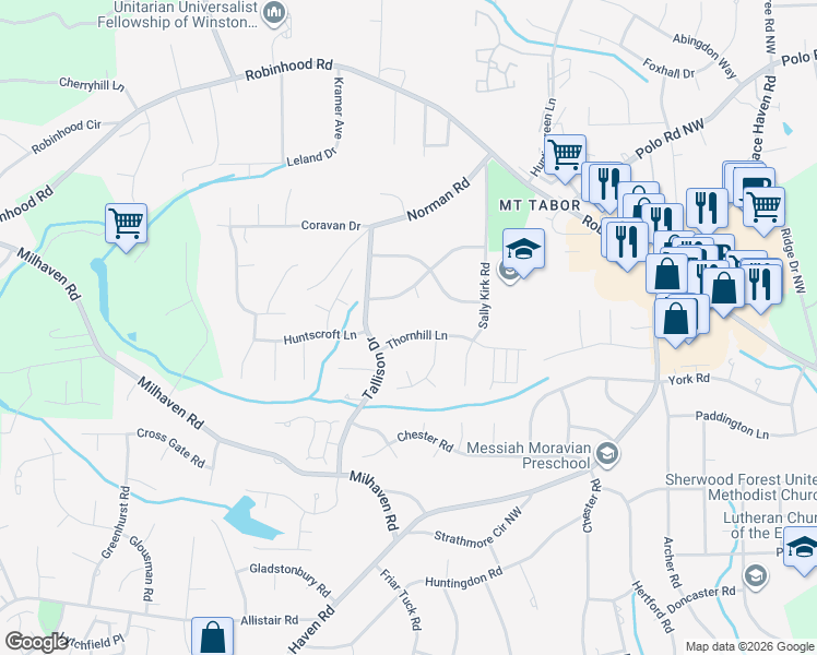 map of restaurants, bars, coffee shops, grocery stores, and more near 3740 Benchley Road in Winston-Salem