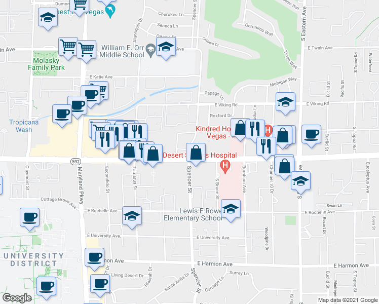 map of restaurants, bars, coffee shops, grocery stores, and more near 4072 Spencer Street in Las Vegas