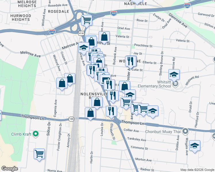 map of restaurants, bars, coffee shops, grocery stores, and more near 331 Whitsett Road in Nashville