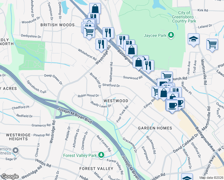 map of restaurants, bars, coffee shops, grocery stores, and more near 3101 Stratford Drive in Greensboro