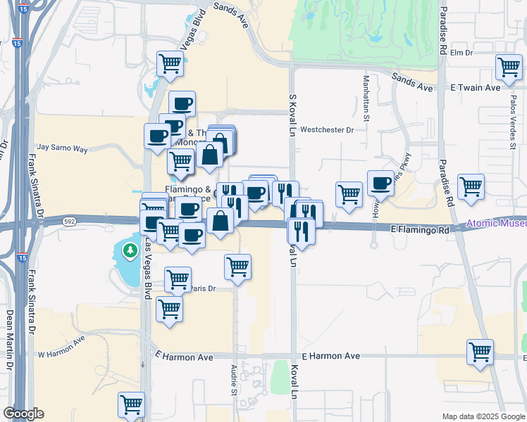 map of restaurants, bars, coffee shops, grocery stores, and more near 160 East Flamingo Road in Las Vegas