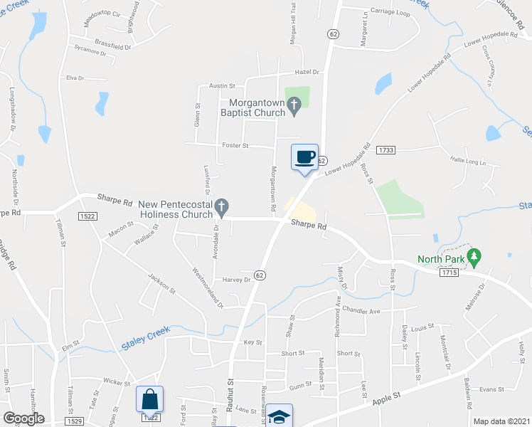 map of restaurants, bars, coffee shops, grocery stores, and more near 1005 Sharpe Road in Burlington