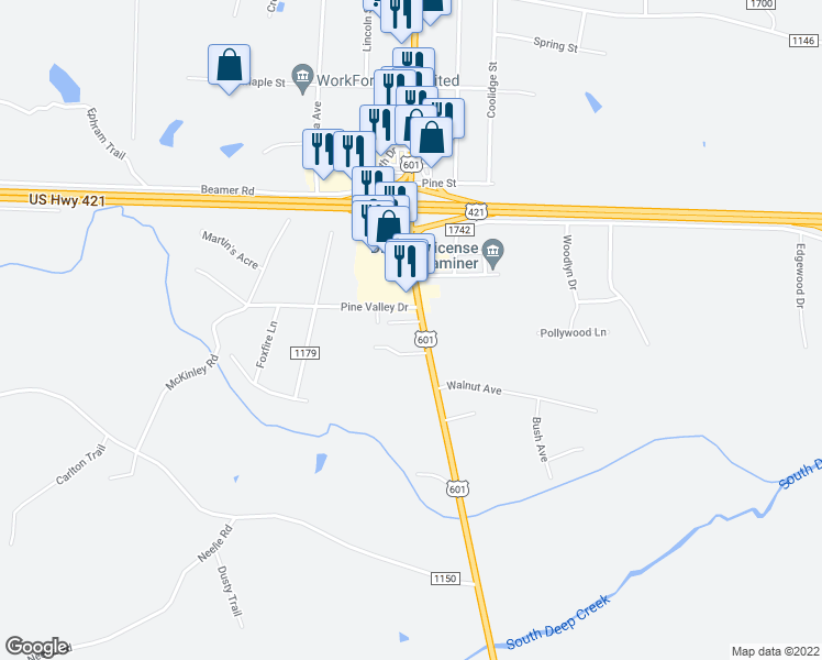 map of restaurants, bars, coffee shops, grocery stores, and more near 101 Plaza Oaks Road in Yadkinville